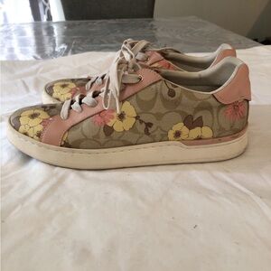 Coach Tan Floral Sneakers With Pink Trim - Womens 9.5 B